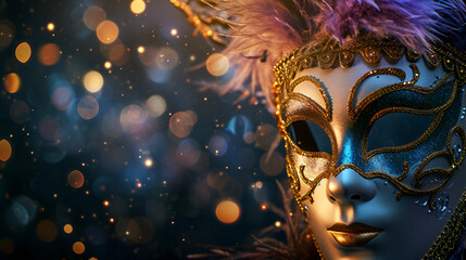 theatrical flyer or banner for the Venice carnival, mask on a dark background with space for text with bokeh - obrazy, fototapety, plakaty