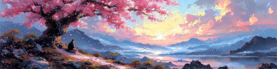 Panoramic View of a Blooming Cherry Tree Overlooking a Serene Lake - obrazy, fototapety, plakaty