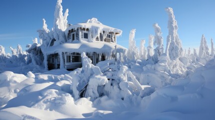 Snow-Encased House with Frozen Trees in a Winter Fairytale Setting