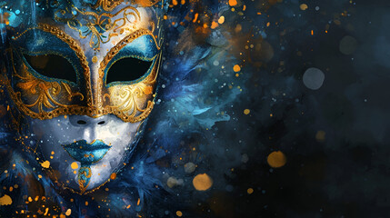 theatrical flyer or banner for the Venice carnival, mask on a dark background with space for text with bokeh