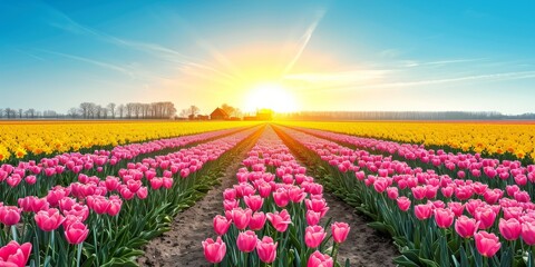Vibrant Tulip Fields at Sunrise with a Glowing Horizon