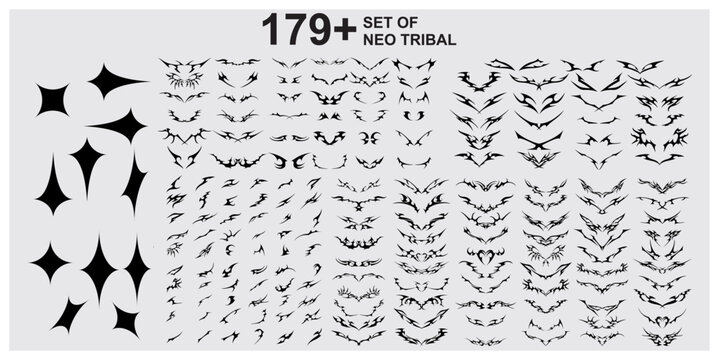 Vector set Neo tribal shape. Gothic Y2K sharp elements, abstract symmetrical design, various decorative elements. Acid Neo-tribal shapes. Tattoo. Neo Gothic. Organic fluid shapes. Brutality futuristic