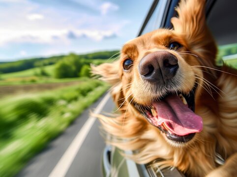 A majestic brown dog eagerly takes in the vast outdoor expanse through the car window, its furry head tilted towards the clear blue sky while grass and trees blur by in the background