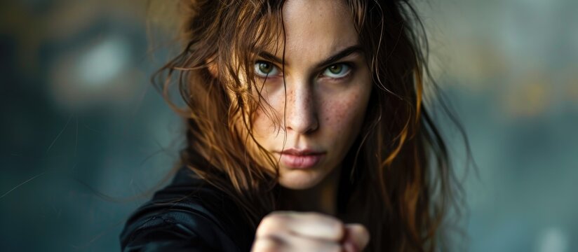 Confident woman takes strong stance in self-defense class, fists up and eyes locked.