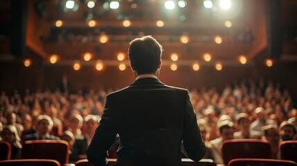 A sharply dressed man commands the attention of a captivated audience at an indoor convention, confidently standing before a sea of chairs in a sleek suit - obrazy, fototapety, plakaty