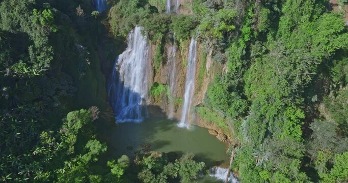 Aerial View Numerous waterfalls flow from wide, steep cliffs. .Thi Lor Su waterfall Nestled amidst the untouched beauty of Tak Province..Thi Lo Su Waterfall The Largest Waterfall in Thailand.