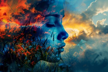 A serene woman's face emerges from a colorful cloud of vibrant flowers, blending seamlessly into the breathtaking sky in this captivating outdoor painting that celebrates the beauty of nature through