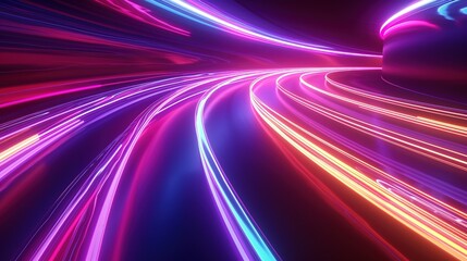 3d render. Abstract fantastic neon background. Colorful speedway lines. Glowing energy stream, power jet, curvy ribbon