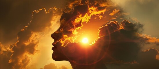 Woman's head reveals sun behind clouds. - obrazy, fototapety, plakaty