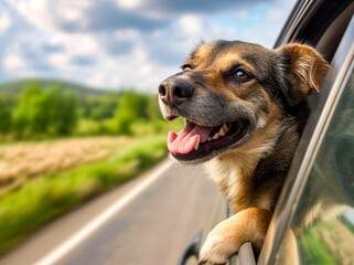 A curious brown dog gazes out the car window, mesmerized by the vast sky and his reflection in the rearview mirror
