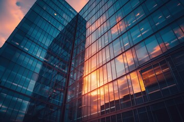 Majestic Glass Skyscraper With Sunset Background