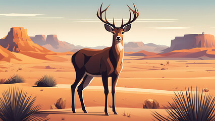 Abstract background of deer with desert background. Fantasy landscape graphic illustration. Template for your design works ready to use.