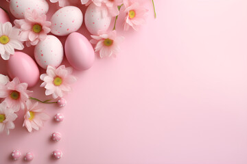 Fototapeta na wymiar Pink and white decorated eggs with spring flowers on pastel background, Easter, holiday, with copy space