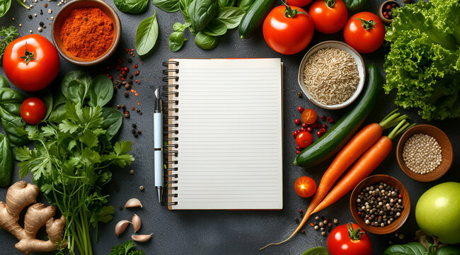 Open notebook with blank pages ready for recipes, surrounded by a rich selection of fresh vegetables and herbs,