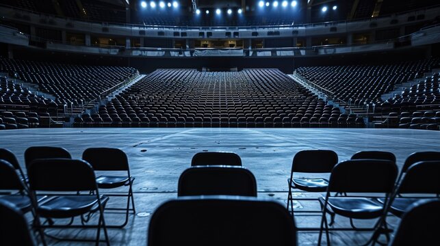 A grand hall filled with neatly arranged chairs awaits the arrival of an eager audience for a night of music and entertainment at the convention center