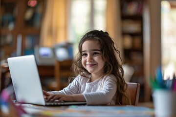 Fototapeta na wymiar Little Girl Engrossed in Laptop Work