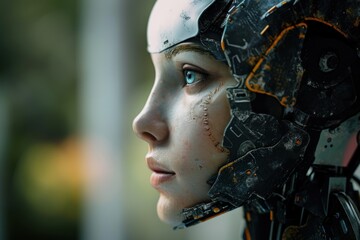 Close Up of Womans Face With Futuristic Helmet