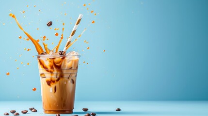 A refreshing sip of coffee, kissed by ice and liquid, brings a burst of flavor and coolness to the lips through the aid of a drinking straw, making it the perfect beverage to savor on a warm summer d