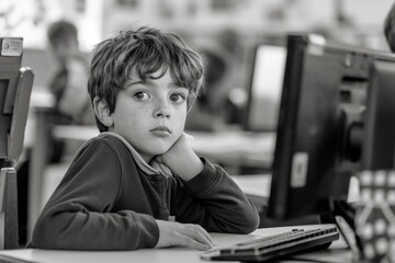 Young Boy Sitting at Desk Using Computer