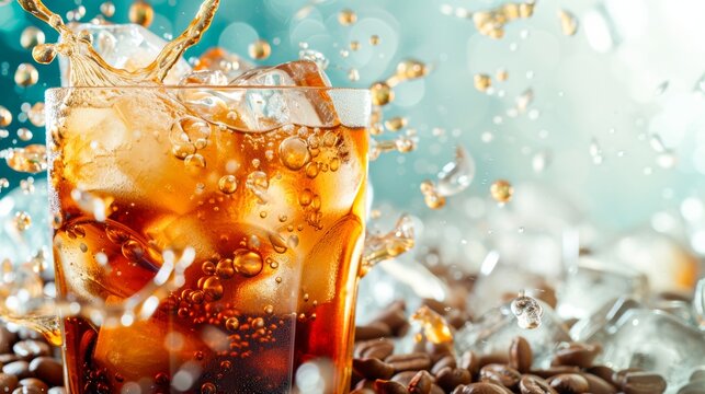 Indulge in a refreshing blend of flavors with a tantalizing glass of iced tea, adorned with glistening ice cubes and fragrant coffee beans
