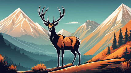 Abstract background of deer with mountain hill background. Fantasy landscape graphic illustration. Template for your design works ready to use.