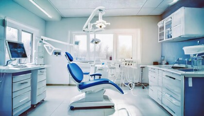 Blurred dental clinic background. Defocused interior of modern dental office. - obrazy, fototapety, plakaty