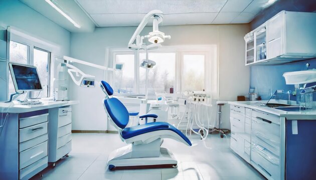 Blurred dental clinic background. Defocused interior of modern dental office.