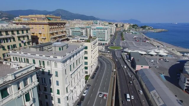 Townscape with transport traffic at summer sunny day. Aerial view