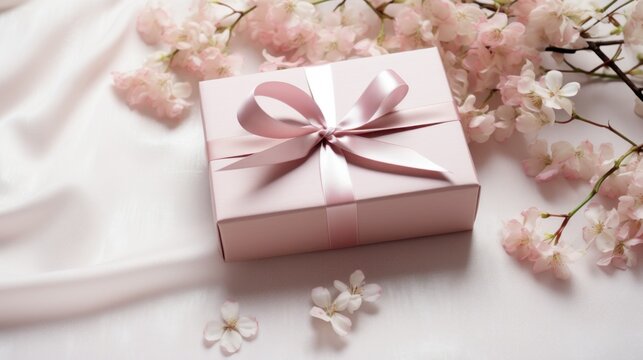 Gift box with pink ribbon and cherry blossoms on white silk background. Generative AI