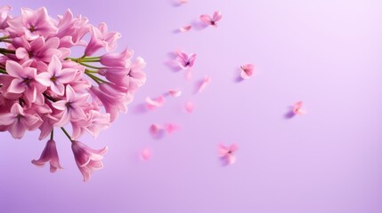 Bouquet of lilac flowers on a pink background. Spring concept. Generative AI