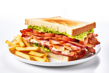 Layered tall club sandwich on the white background with ham, cheese, tomatoes, lettuce served on white plate with chips