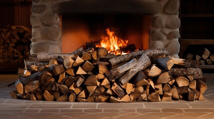 A pile of firewood near the fireplace