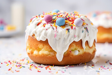 Traditional Easter cake Kulich decorated with glazing and colorful sprinkles, chocolate eggs