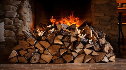 A pile of firewood near the fireplace - Powered by Adobe