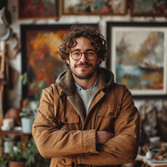 A young man, stands in his art studio, smiling at the camera. 