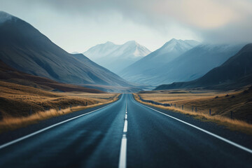 Fototapeta premium A dynamically blurred road with a sense of speed through mountains.