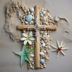 Rustic Handmade Cross Decorated with Seashells and Driftwood on a Remote Tropical Beach AI Generated
