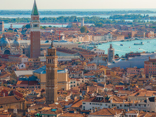 Aerial View of Venice near Saint Mark's Square, Rialto bridge and narrow canals. Beautiful Venice from above.