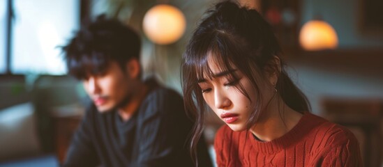 Depressed and frustrated young Asian couple facing relationship issues. - obrazy, fototapety, plakaty