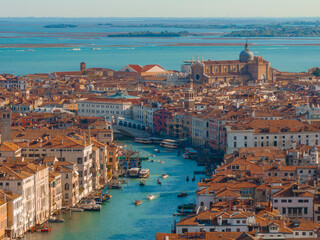 Aerial View of Venice near Saint Mark's Square, Rialto bridge and narrow canals. Beautiful Venice from above.