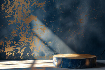 one level podium in dark blue and gold style, editorial beauty photography, sunlit, rough textures, photorealism