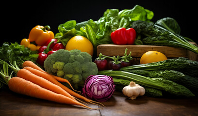 Fresh organic vegetables on dark wooden background