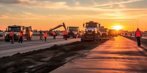 Road construction crew at work during golden hour sunset - obrazy, fototapety, plakaty