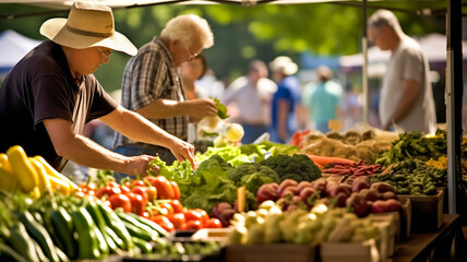 Shoppers selecting fresh produce at a local farmers market - obrazy, fototapety, plakaty