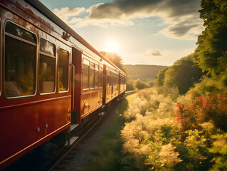 Naklejka premium Scenic Railway Adventures: Vintage Train Journey through Countryside | Generative AI