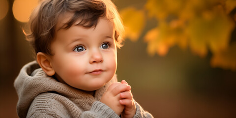 Fototapeta premium Curious toddler with sparkling eyes in autumn sunset light