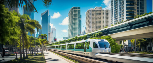 Modern urban transit system with monorail in a green cityscape