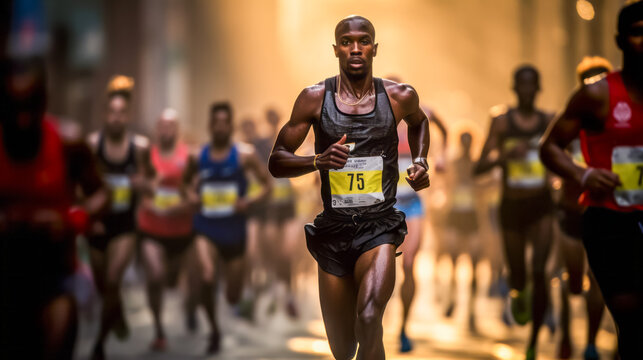 Determined athlete leading the marathon race through city streets