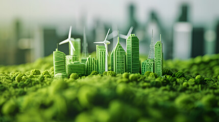 Modern green city powered only by renewable energy sources concept, green power, windmill.