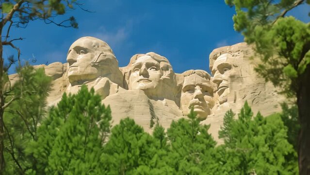Cinemagraph of Mount Rushmore National Memorial is a sculptural rock complex in South Dakota, Black Hills, made of huge granite blocks. The presidents are: Washington, Jefferson, Roosevelt and Lincoln